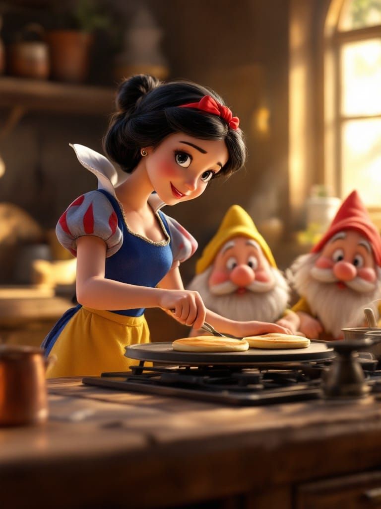 Snow White Flips Pancakes in Whimsical Kitchen