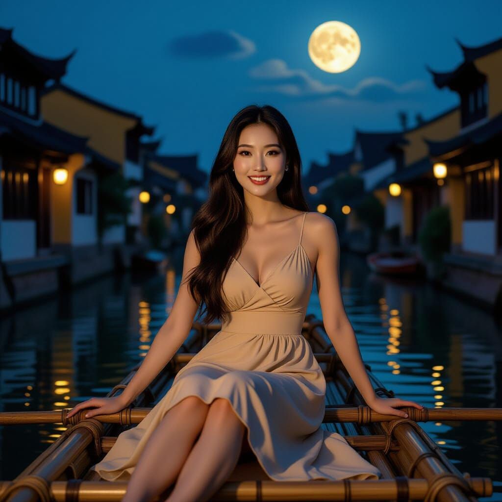 Moonlit Canal: Asian Woman on Bamboo Raft