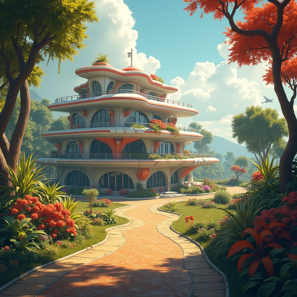 Futuristic School with Whimsical Playground Amidst Lush Envi...