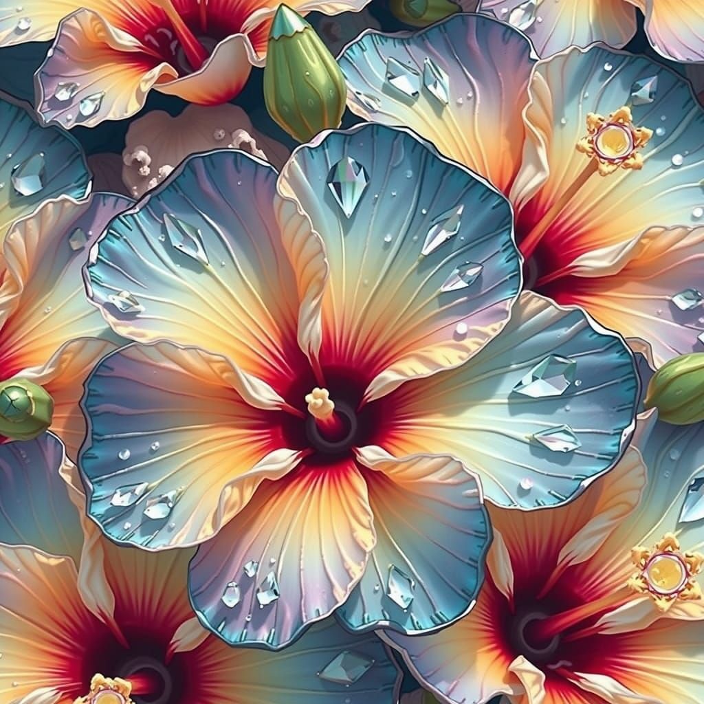 Aquamarine Crystal Hibiscus Flowers in Hyperrealism