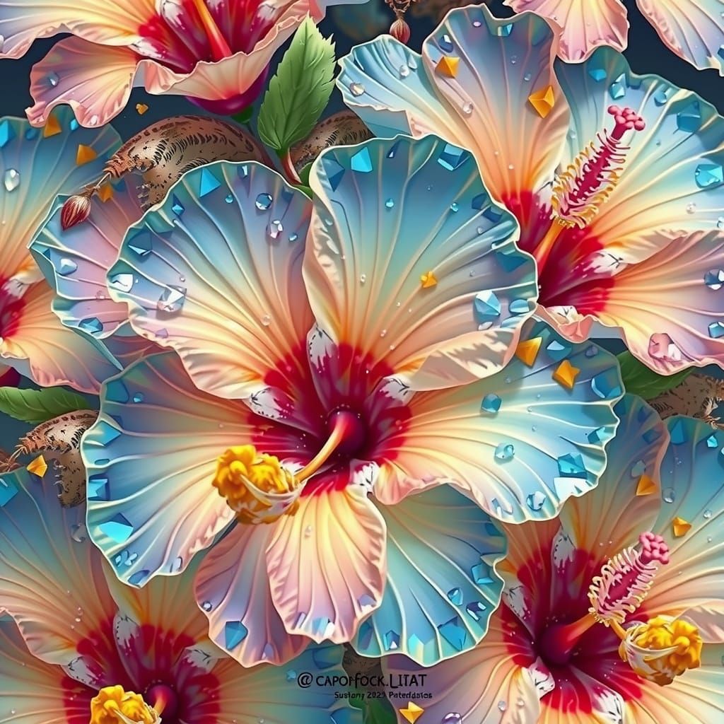 Aquamarine Crystal Hibiscus Flowers in Digital Art Style