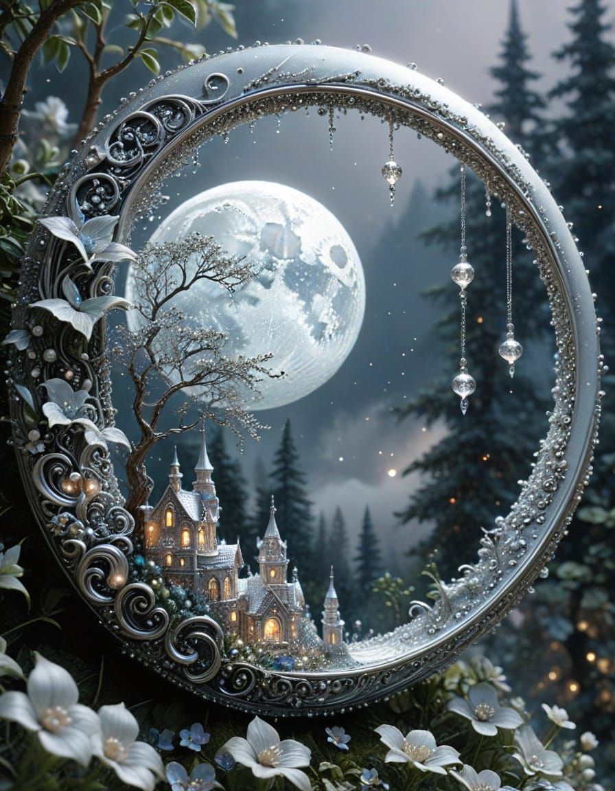 Silver Crescent Moon City With Pearls and Diamonds