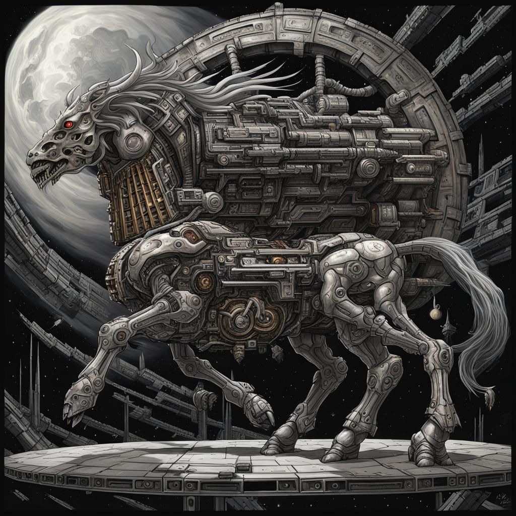 (cyborg draconic female) centaur, exploding space station, h.r. giger style