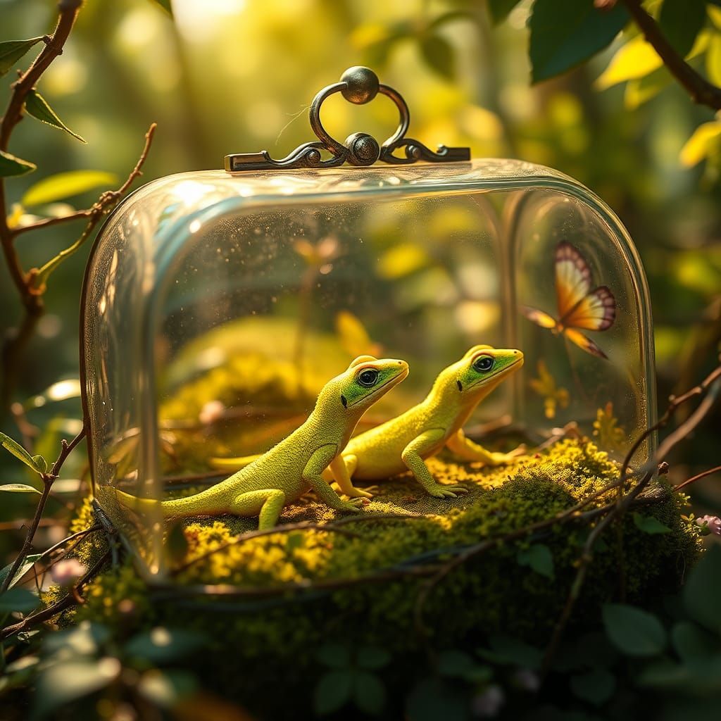 Iridescent Lizards in Mystical Forest, Pre-Raphaelite Style