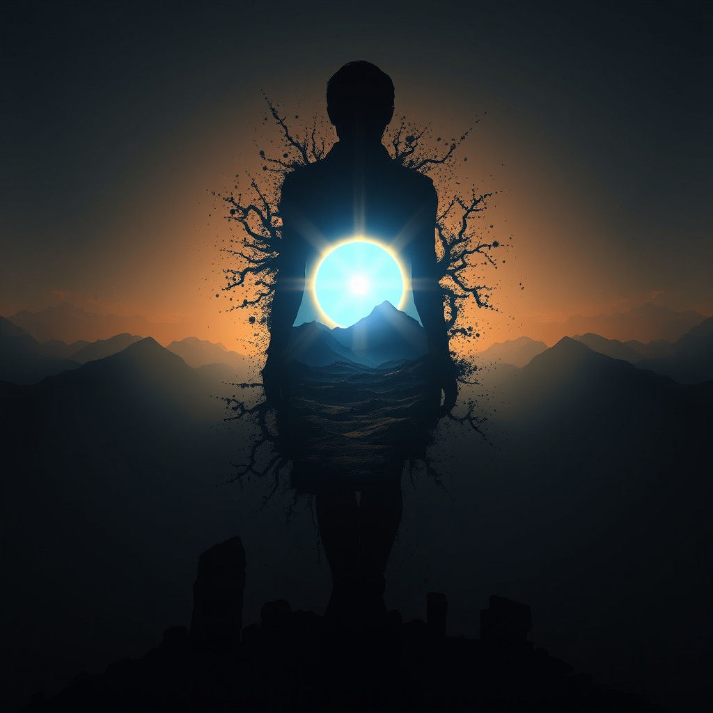 Dark Landscape Figure with Shining Sun