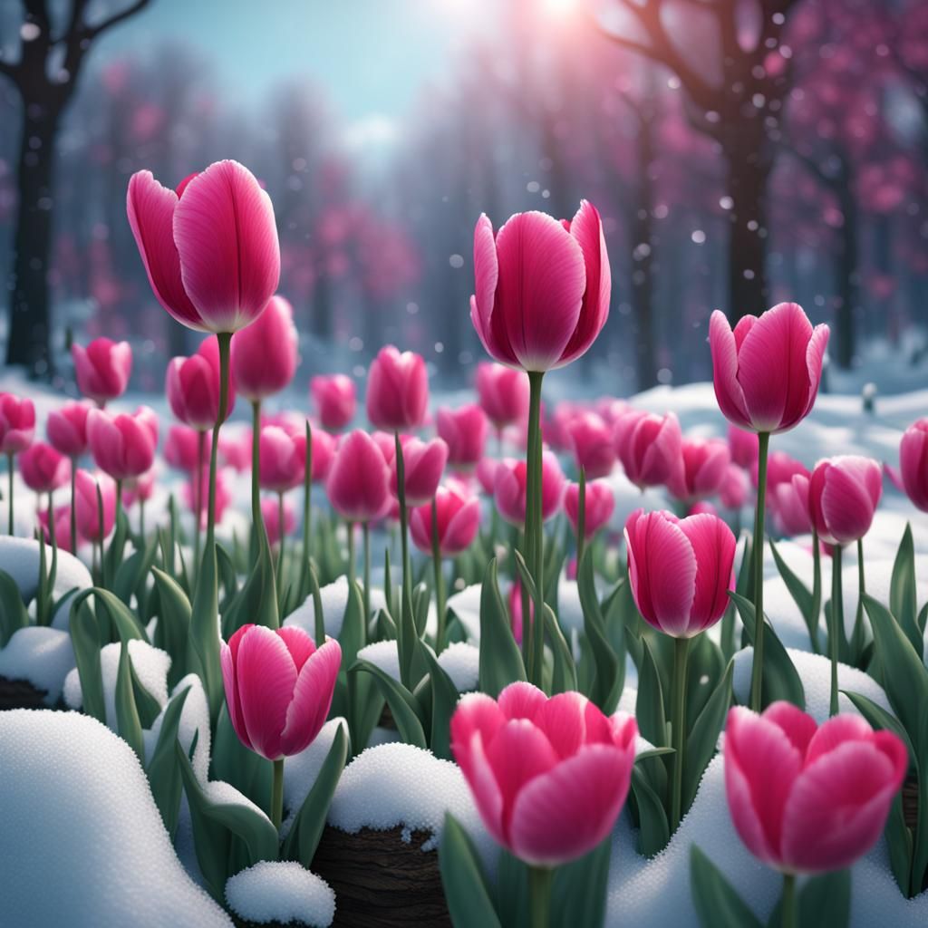 Macro Pink Tulips Bloom in Winter: Fantasy Art