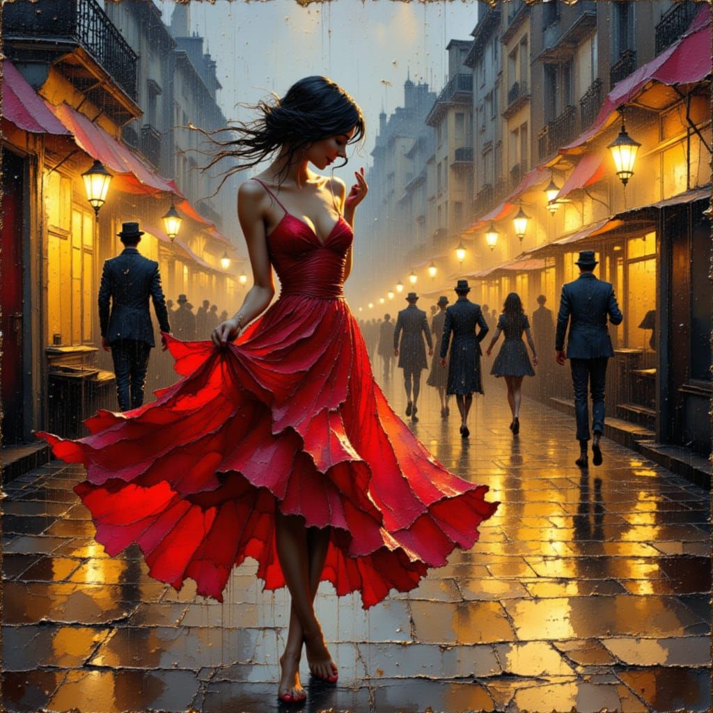 Woman Dances Barefoot in Parisian Rain, Impasto Style