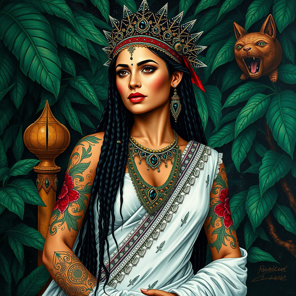 Latina War Goddess in Jungle Landscape