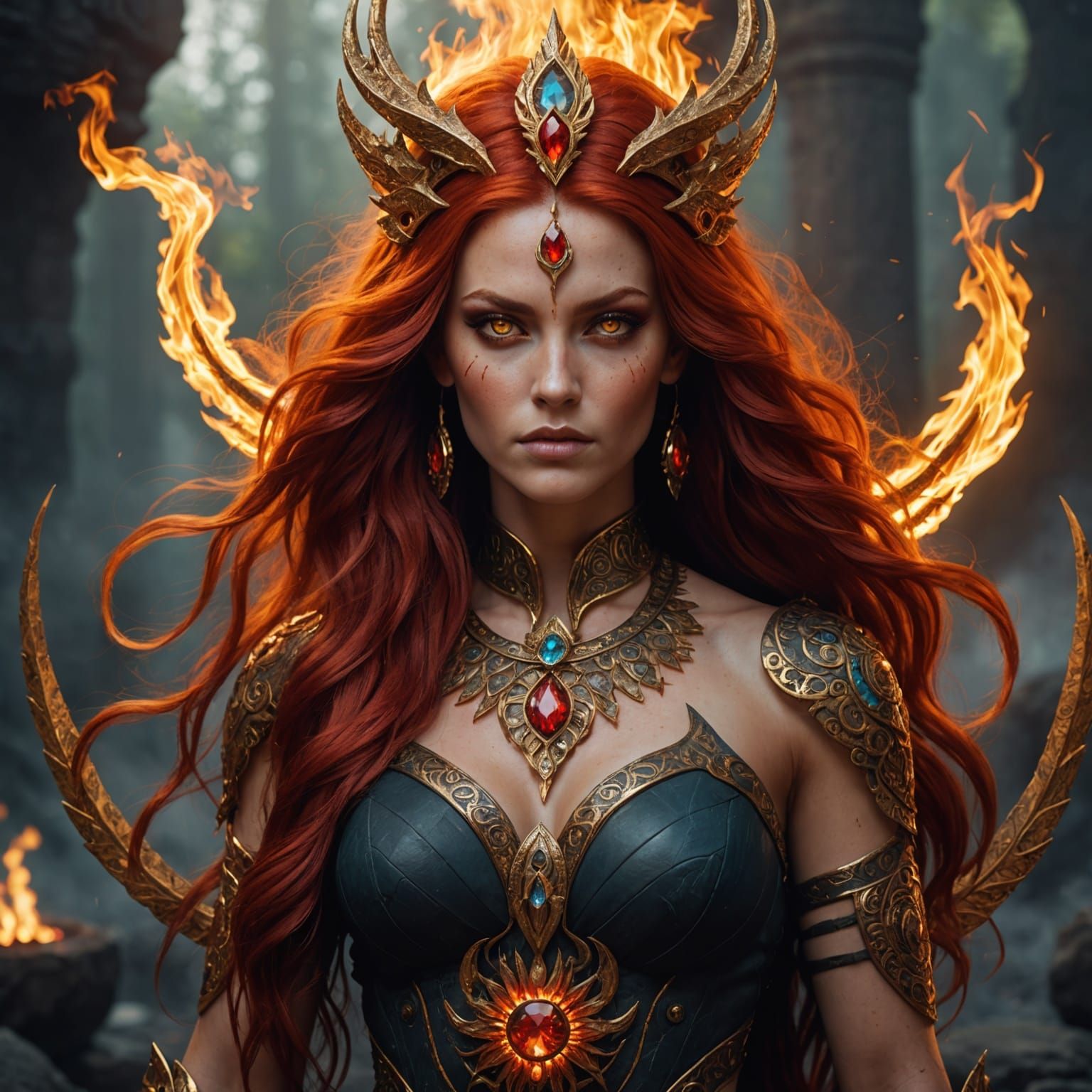 Fiery Goddess with Gemstone, Fantasy Concept Art