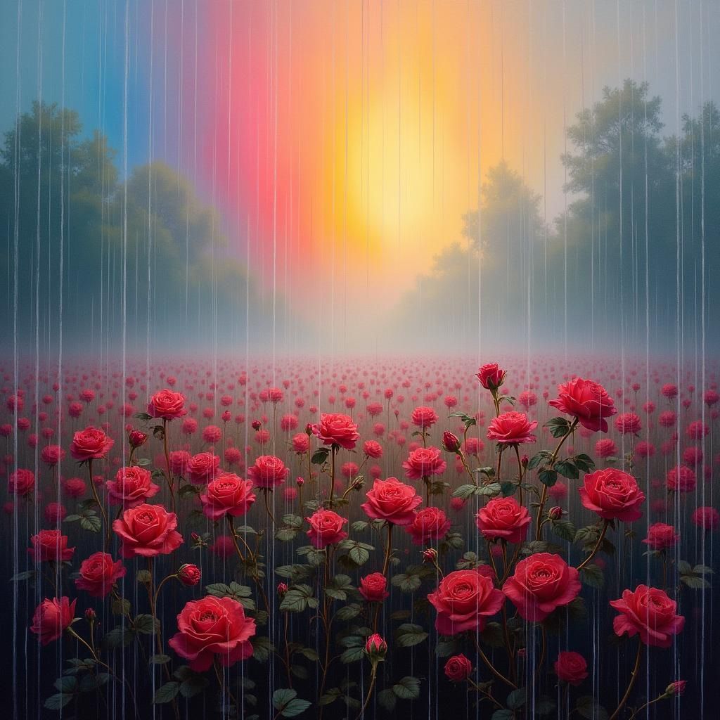 Rainbow over Misty Rose Valley: Impressionistic Style