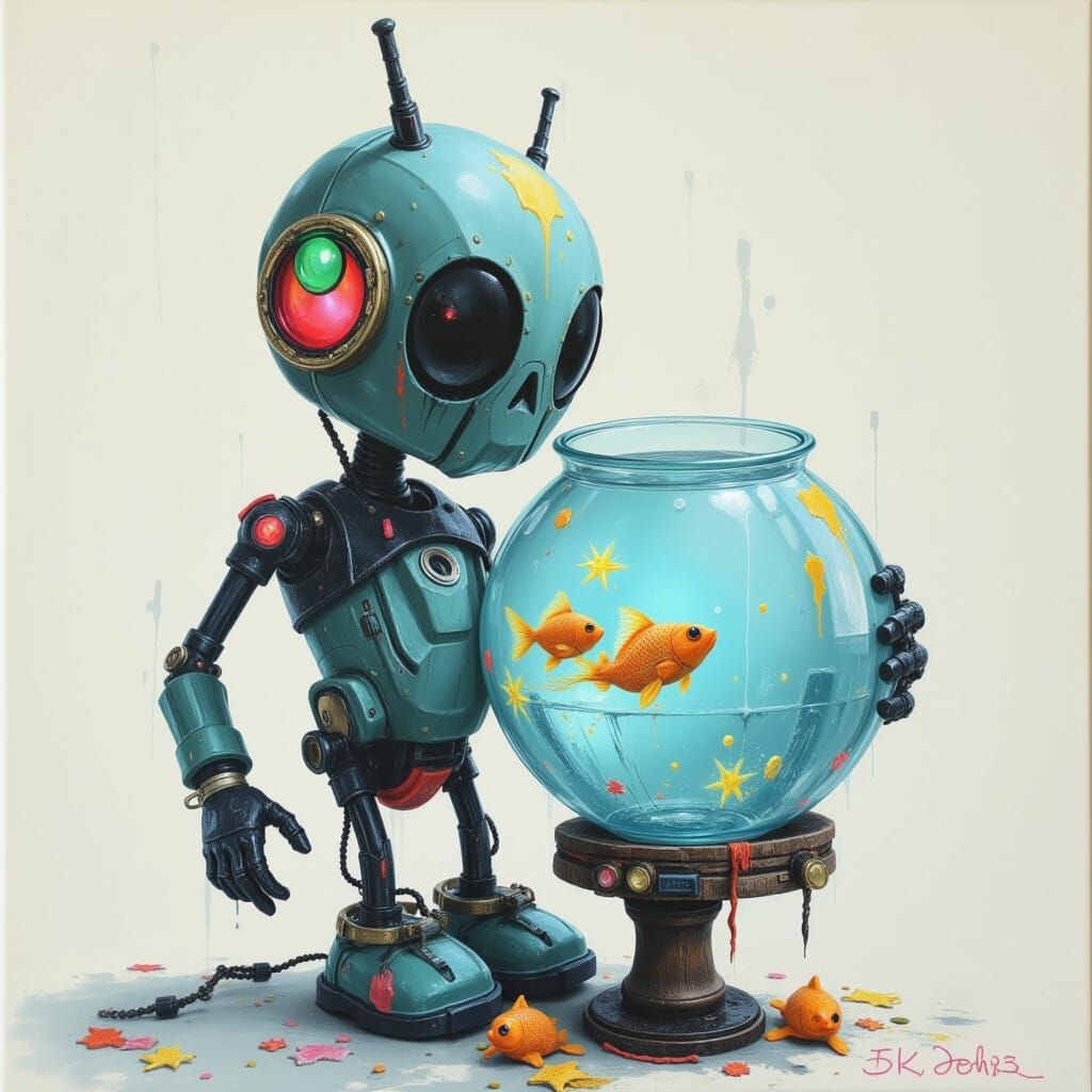 Cute Robot Holding a Fishbowl