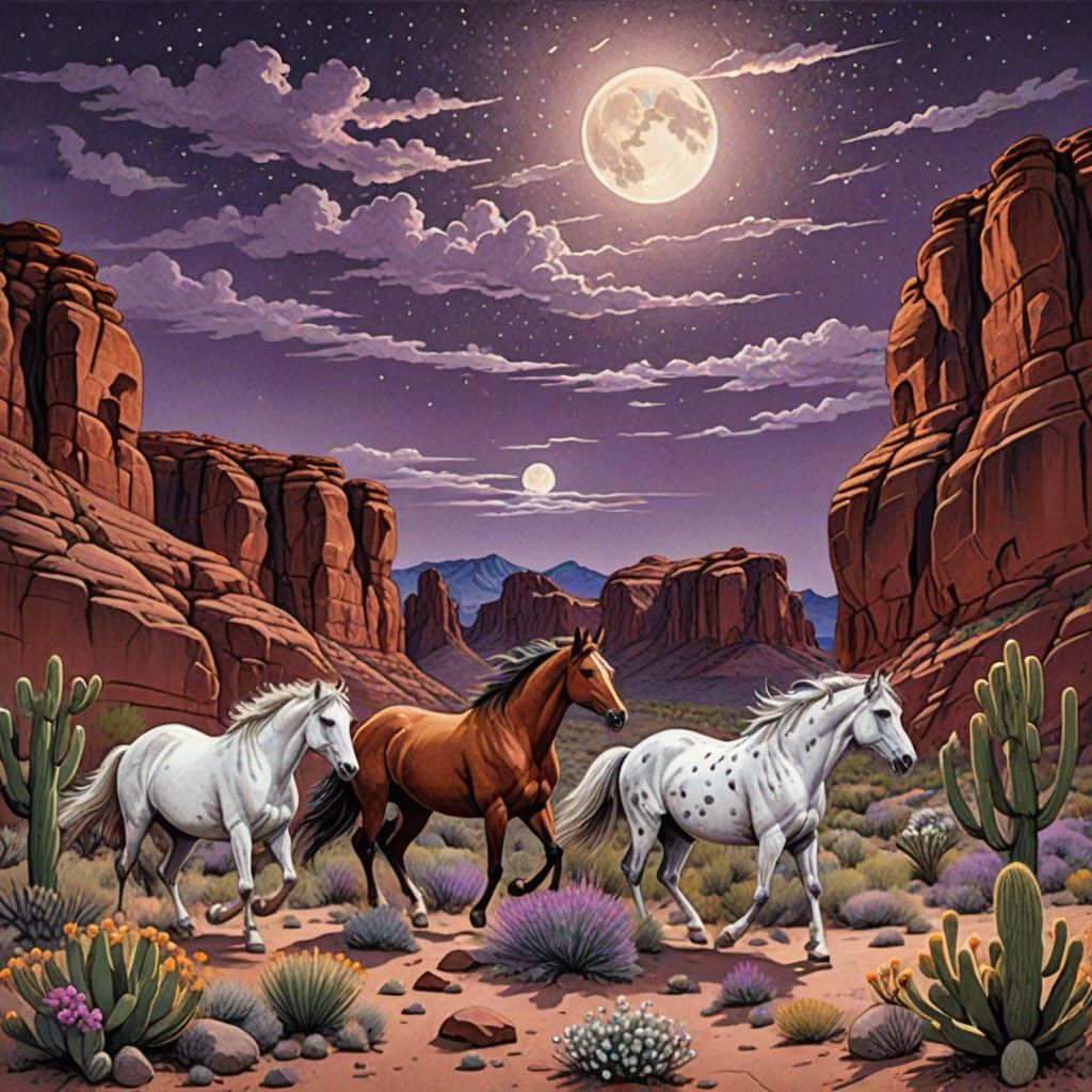 Wild Horses Running Under Vivid Moonlight