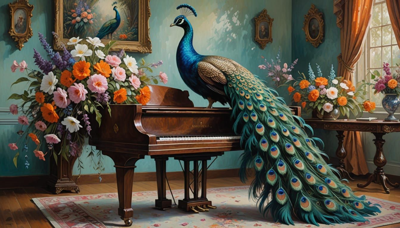 Peacock on Piano in Impressionistic Oil Painting Style