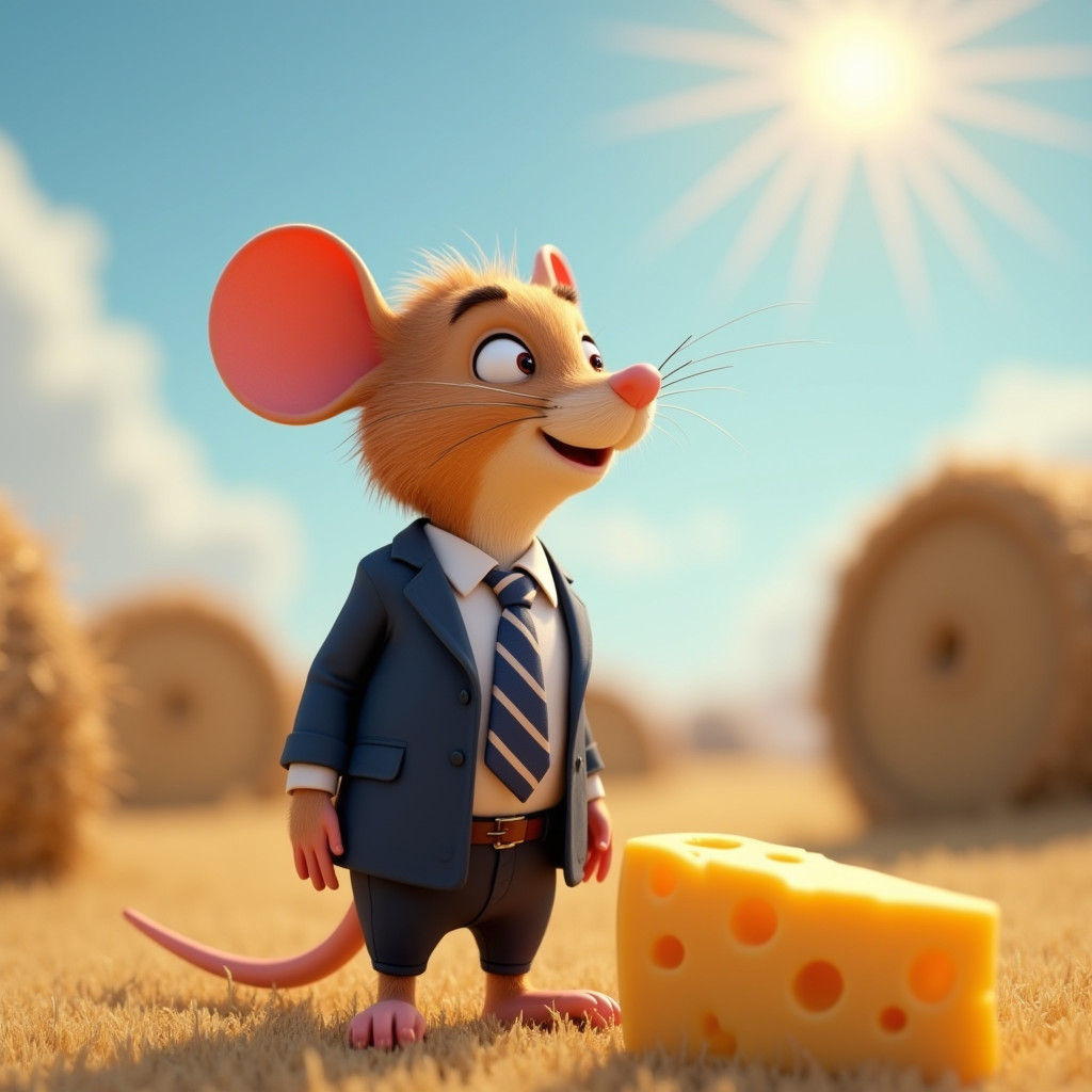 Dapper Mouse in Navy Suit Stands Beside Rustic Hay Bales