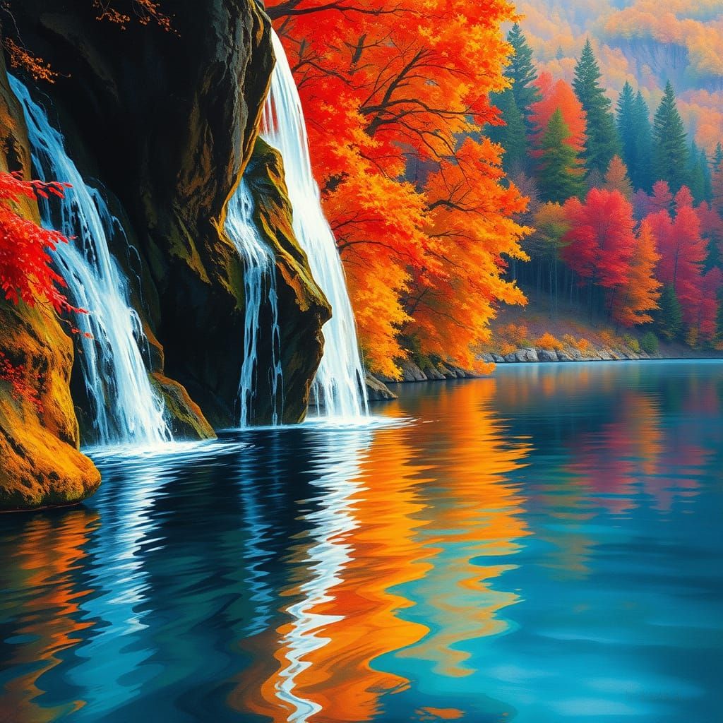 Vibrant Autumn Waterfall in Liquid Ink Style
