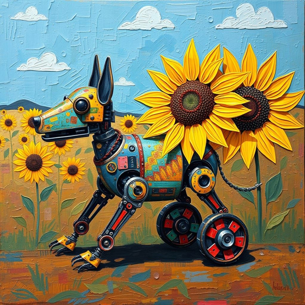 Vibrant Solarpunk Dog on Wheels