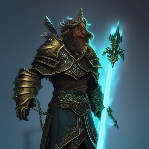 Old Paladin in Black Armor with Glowing Mace