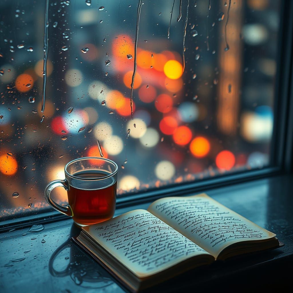 Dreamy Cityscape with Rainy Windowpane, Softly Focused