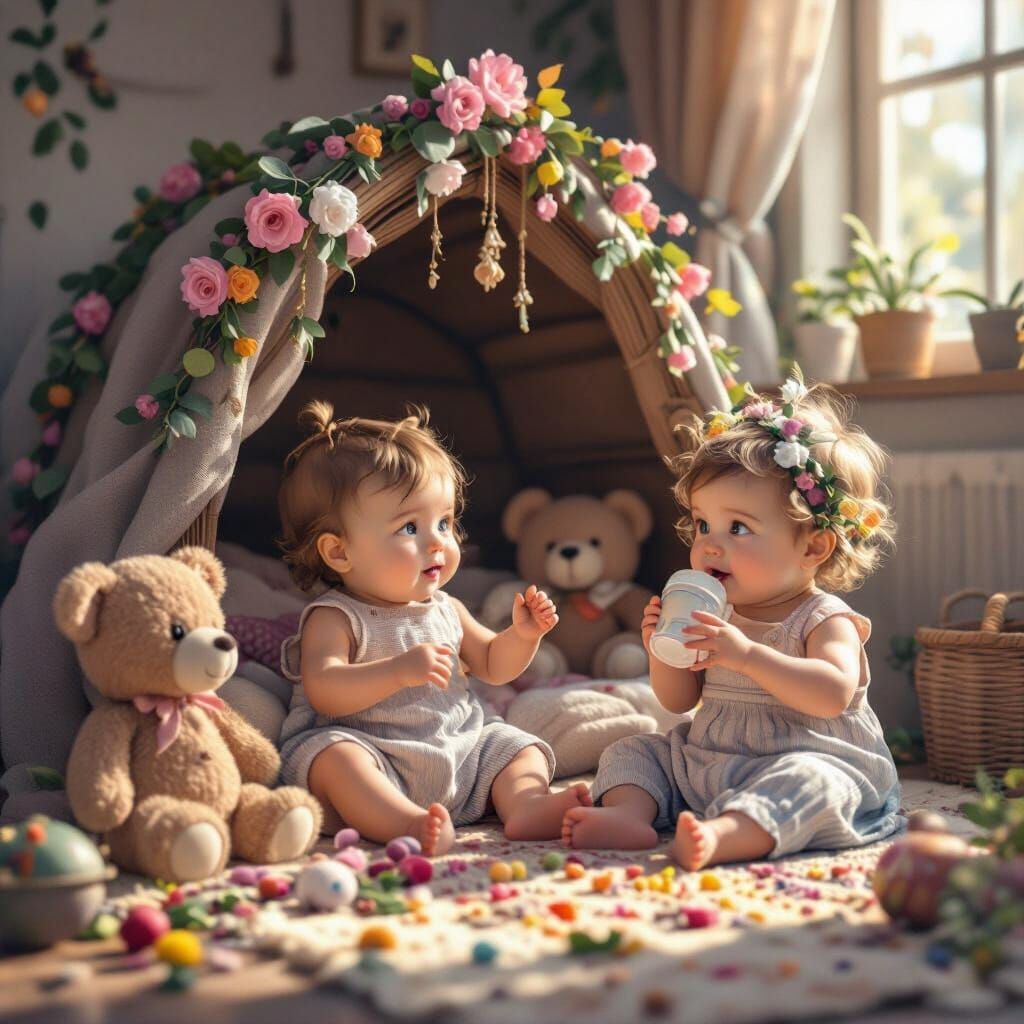 Nursery Scene: Babies Play, Cry, and Drink in Deep Colors