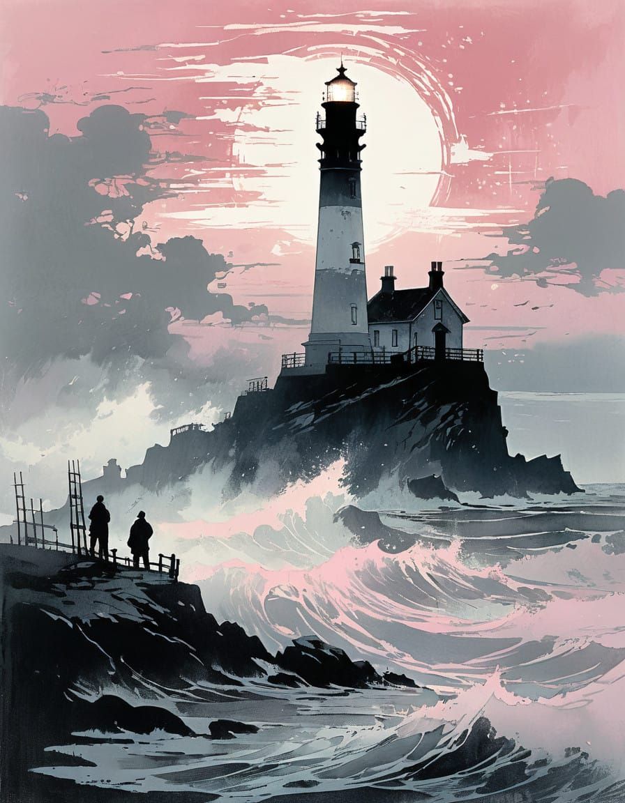 Lighthouse Emerges from the Fog in Soft Pastel Hues