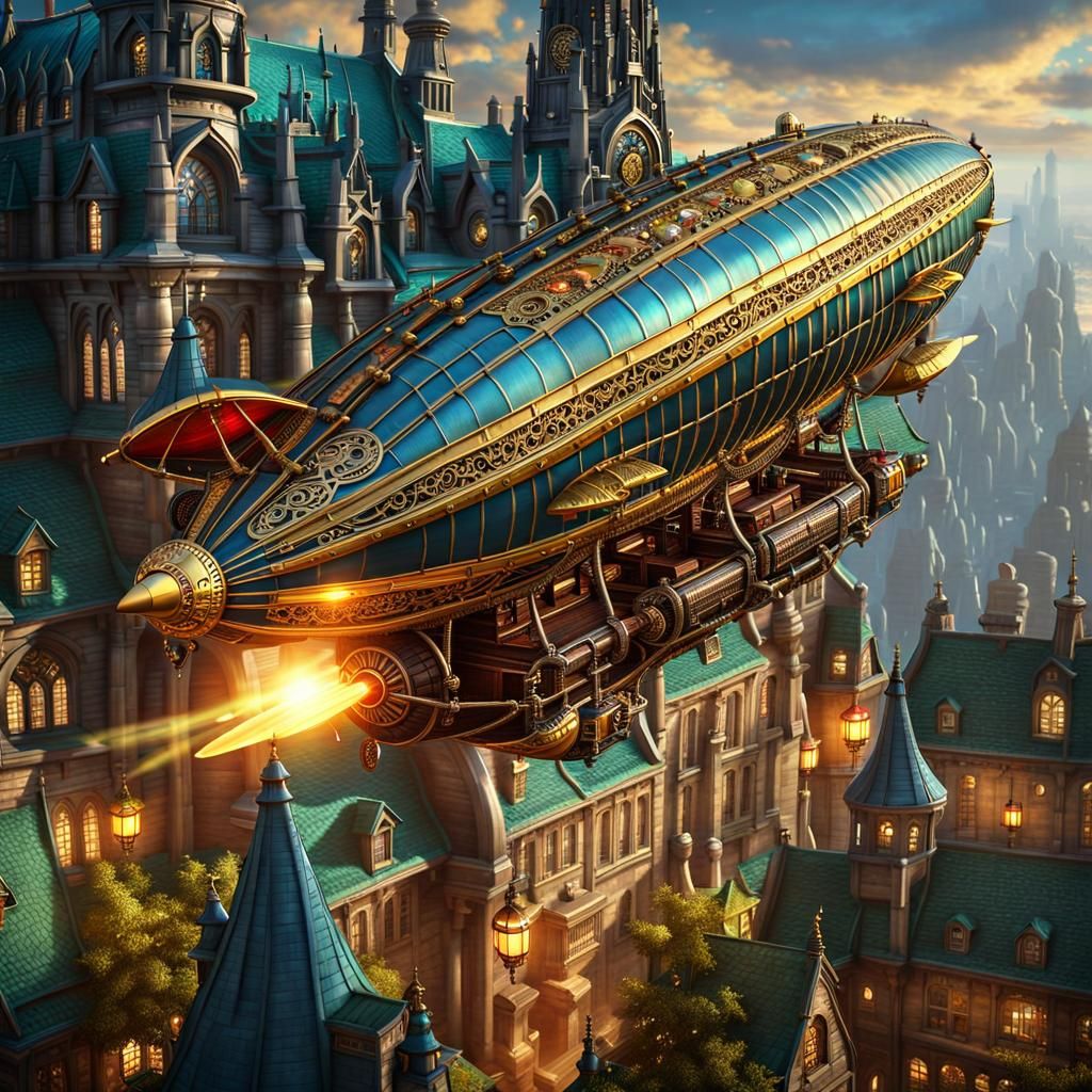 Steampunk Zeppelin Over Cyberpunk Gothic City