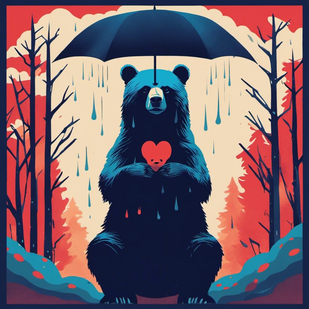 Minimalist Bears Embrace Under Raincloud