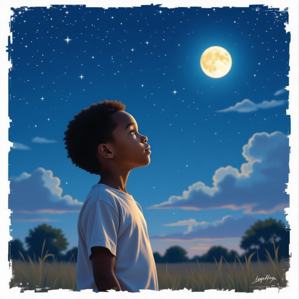 Boy Gazes at Starry Night Sky with Hope
