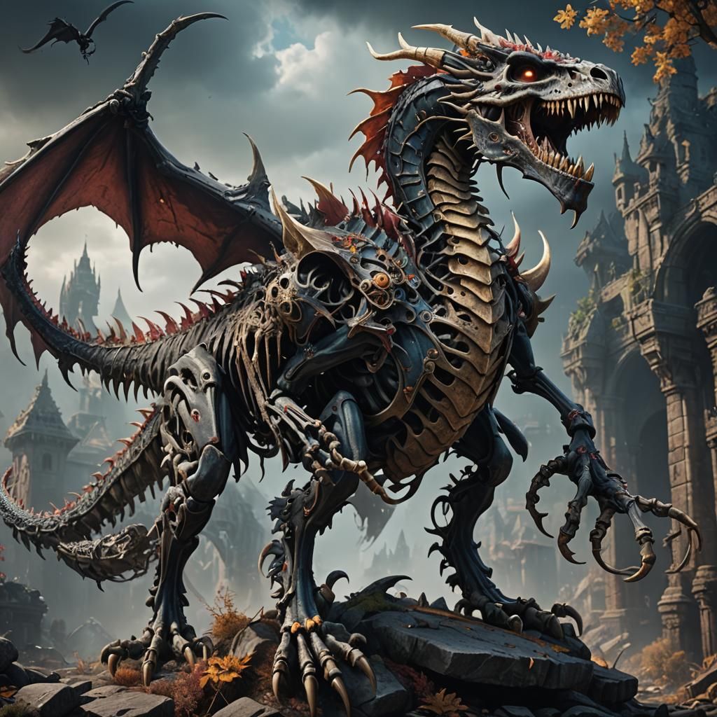 Fantastical Skeleton Dragon in Detailed Matte Painting