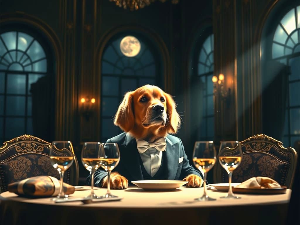 Glamorous Golden Retriever Dines in Opulent Ballroom