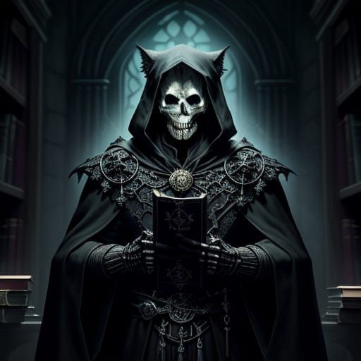 Skeletal Archlich Lord in Crystalline Library with Seven Cat...