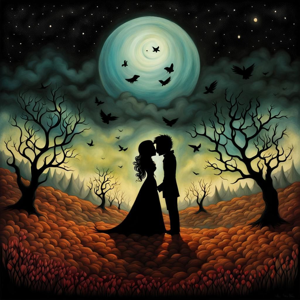 Surreal Last Kiss in Desolate Land, Dark Fantasy Art
