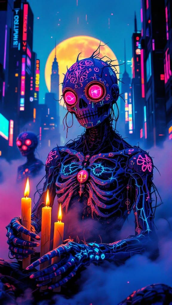 Neon Voodoo Dolls in Retro-Futuristic Cityscape