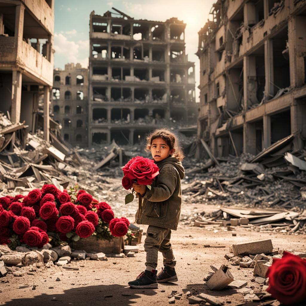 Child with Roses in War-Torn Gaza: Photoillustration