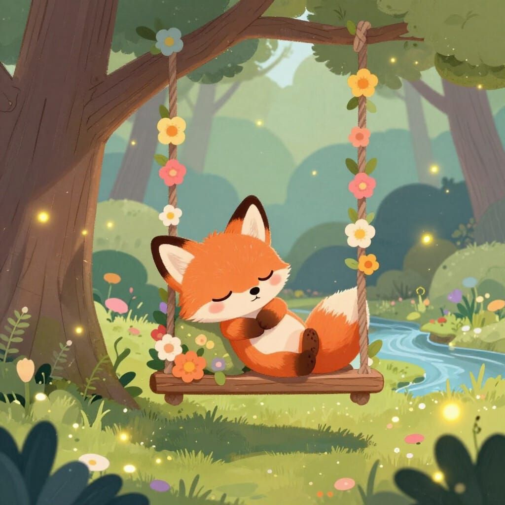 Adorable Baby Fox Sleeps Peacefully in Flower-Decorated Swin...