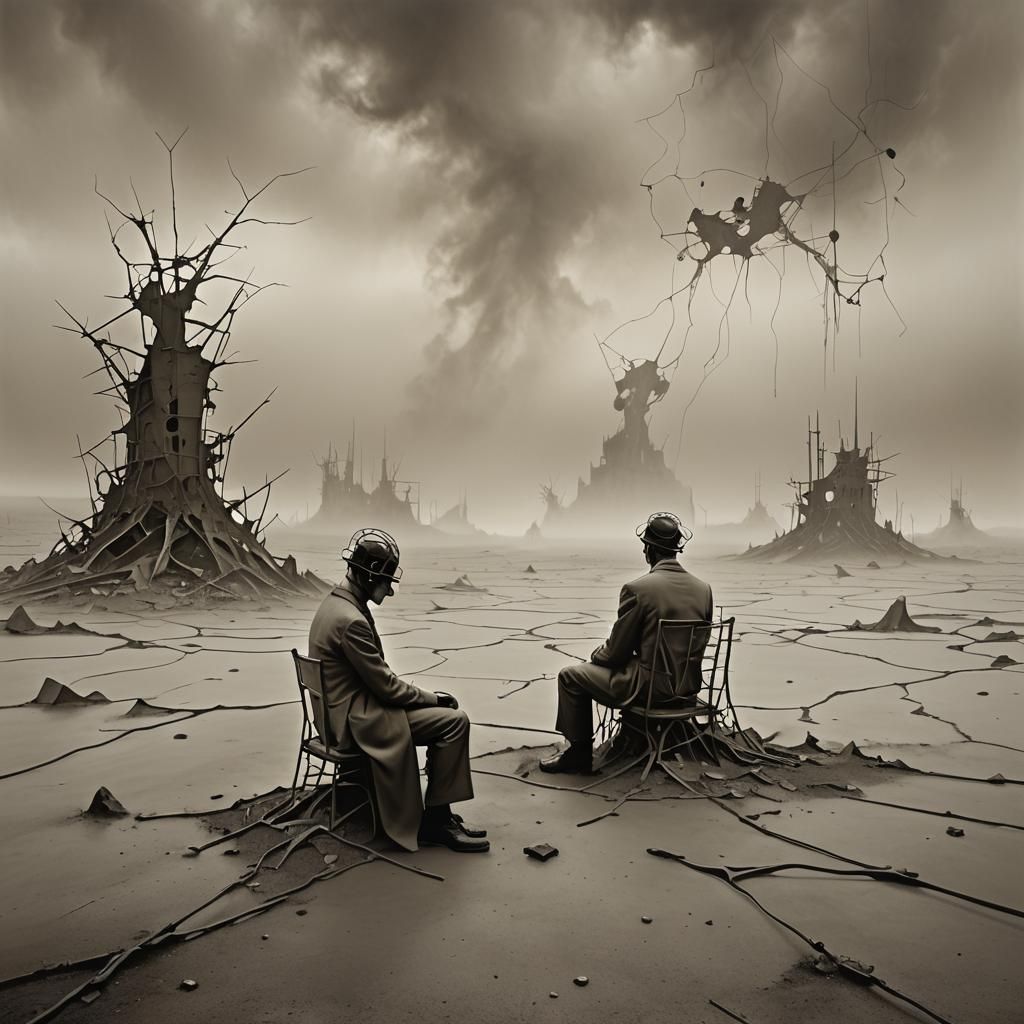 Surreal Desolation: A Solitary Figure in Gray Landscape