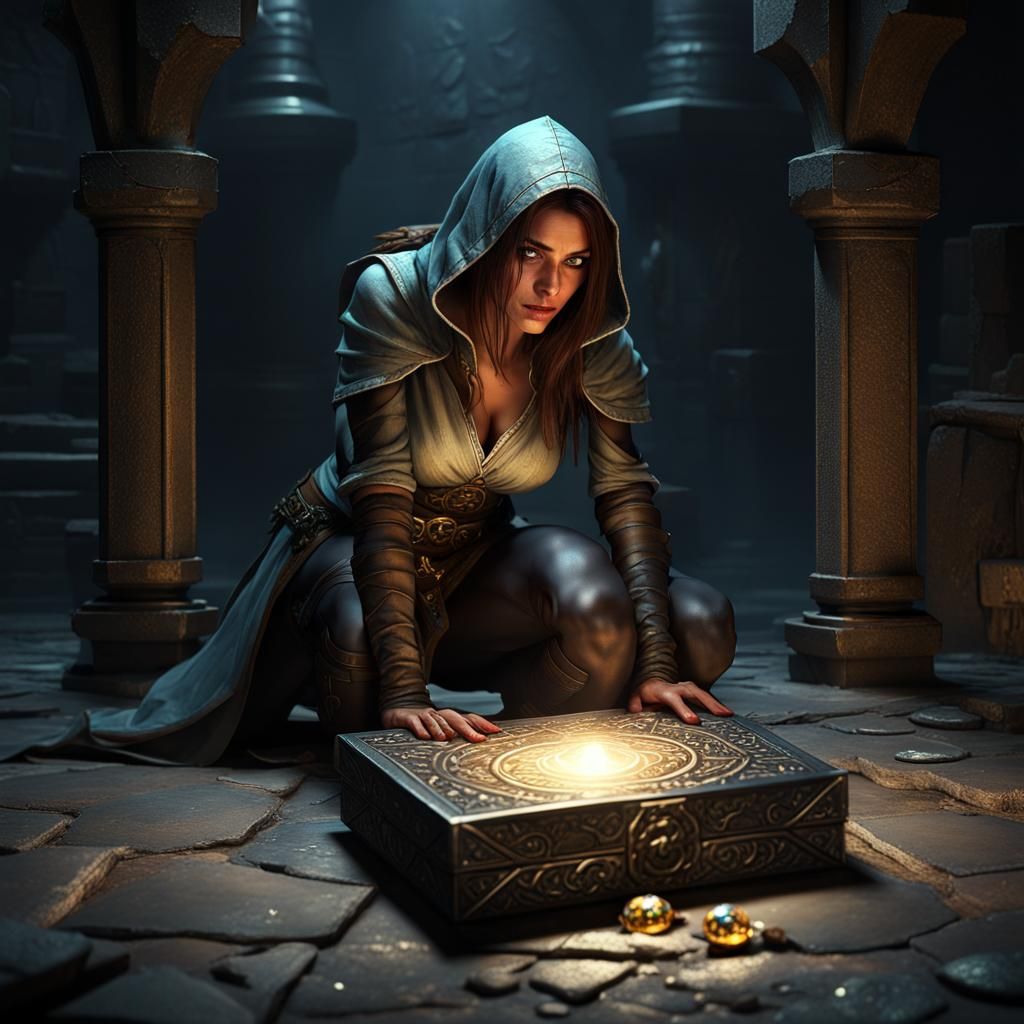 Female Rogue Unveils Magic Treasure: Dark Fantasy Art