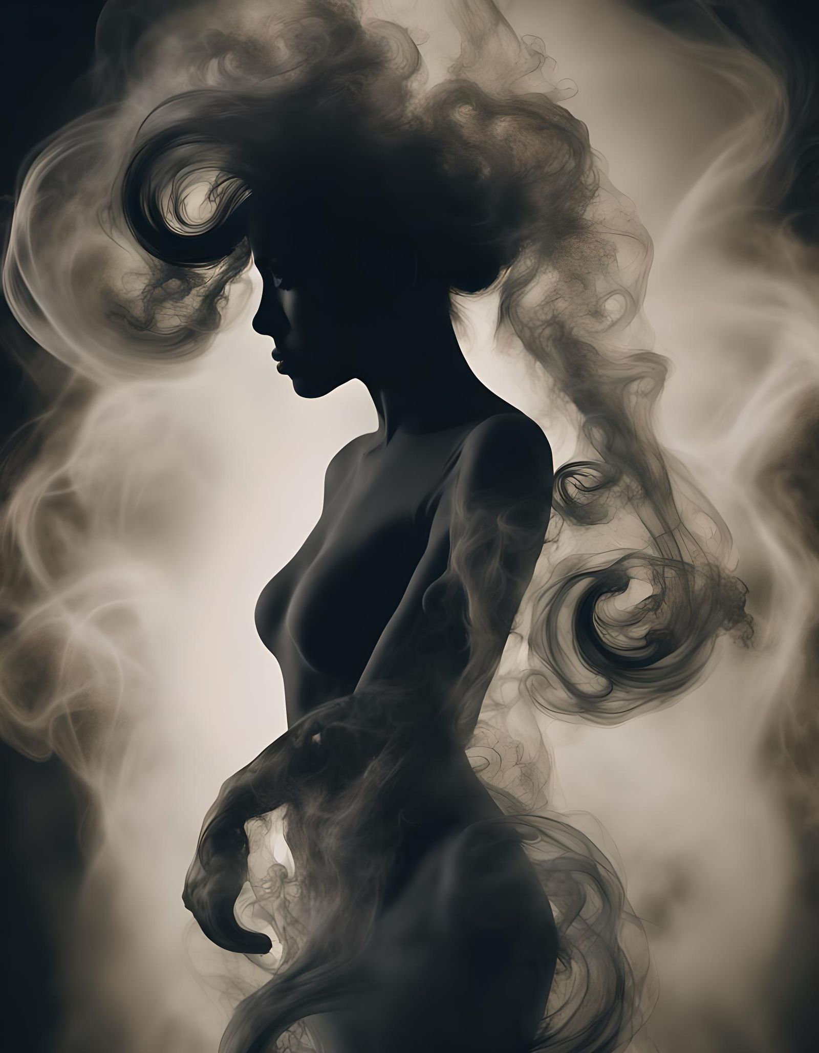 Eerie Woman's Form Constructed from Swirling Smoke