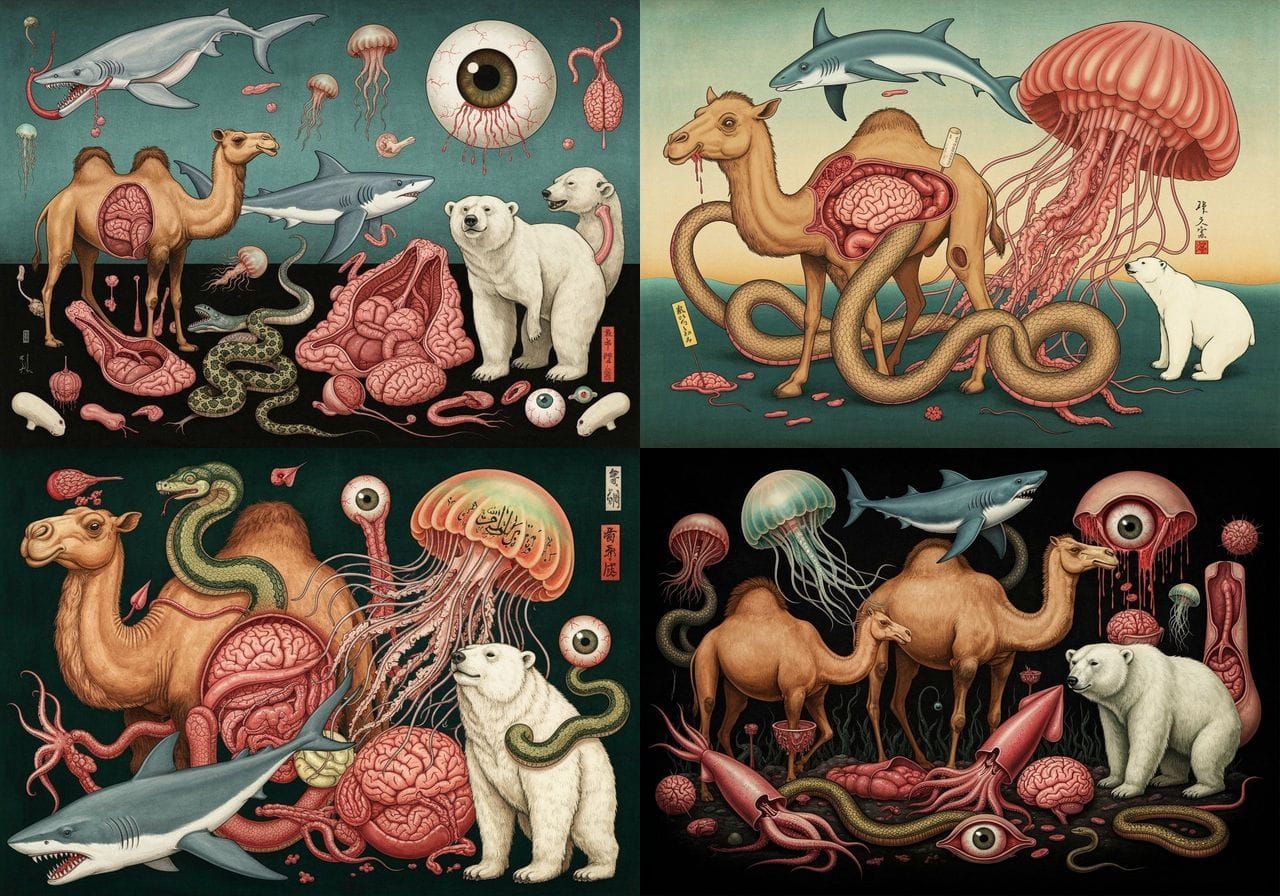 Surreal Ukiyo-e Fusion of Mythical Creatures and Anatomy