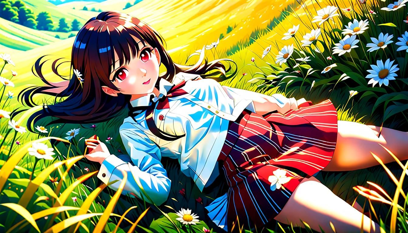Anime Woman in Meadow, Katsura Masakazu Style