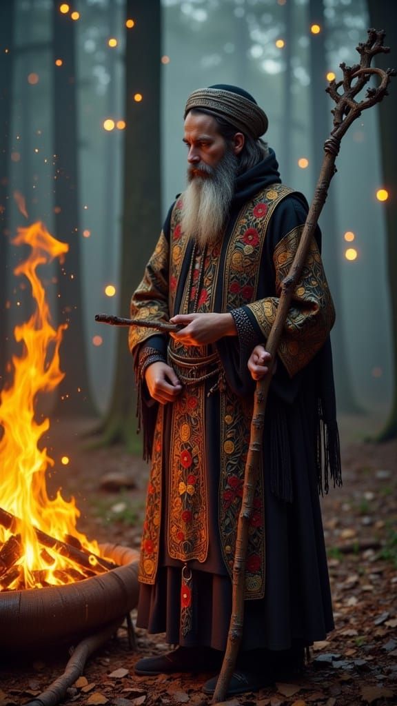 Ancient Ukrainian Priest Before Sacred Fire