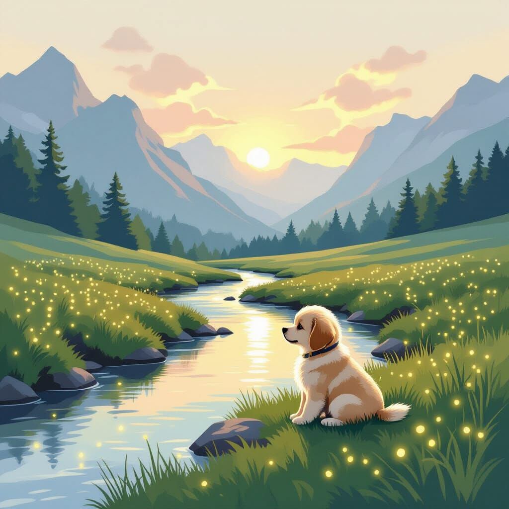 Mountain Dawn Meadow with Puppy and Fireflies