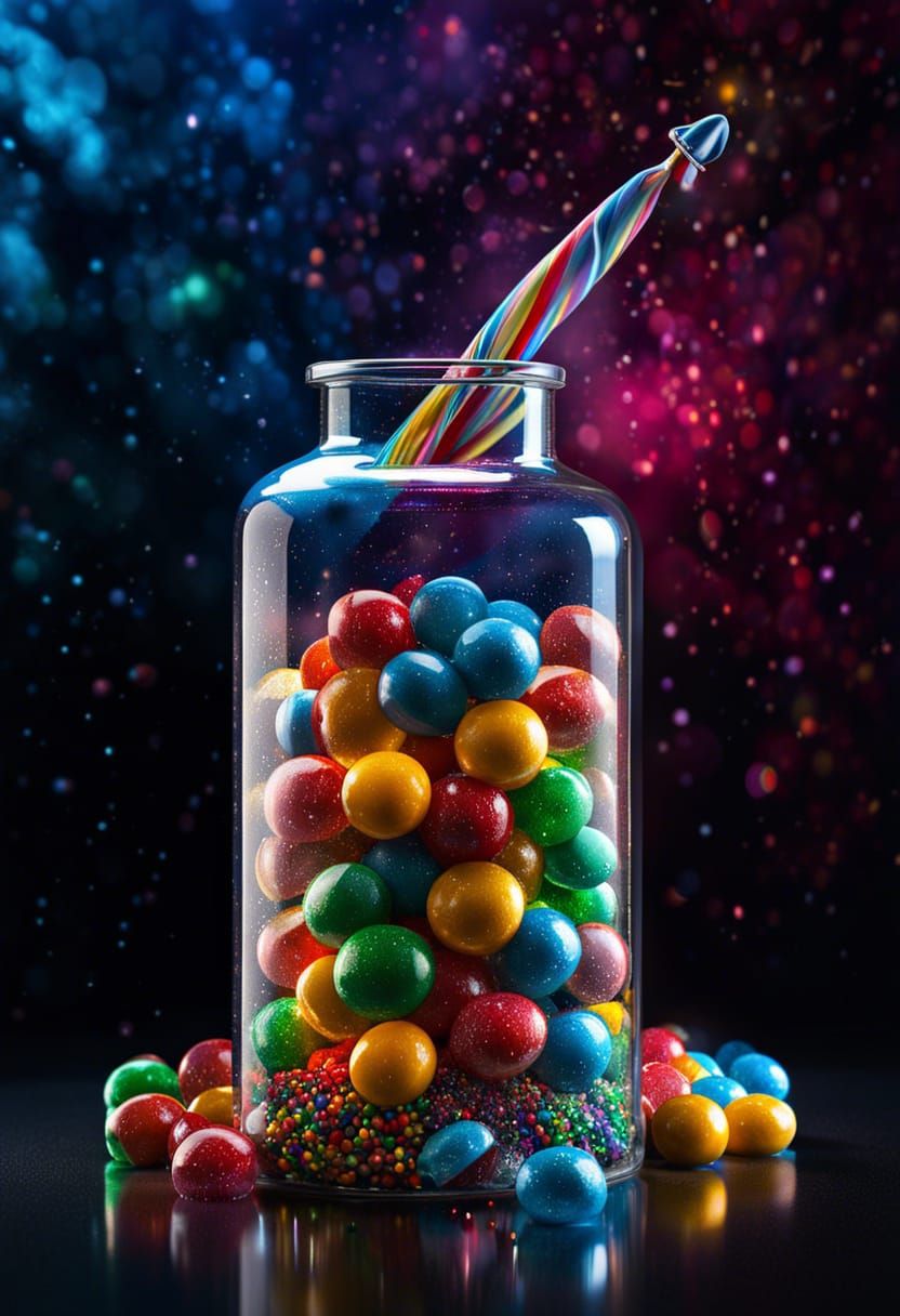 Hyperrealistic Candy Galaxy in Glass Bottle