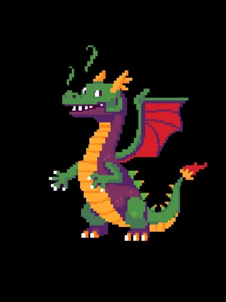 8-Bit Dragon on Black Background in Retro Style