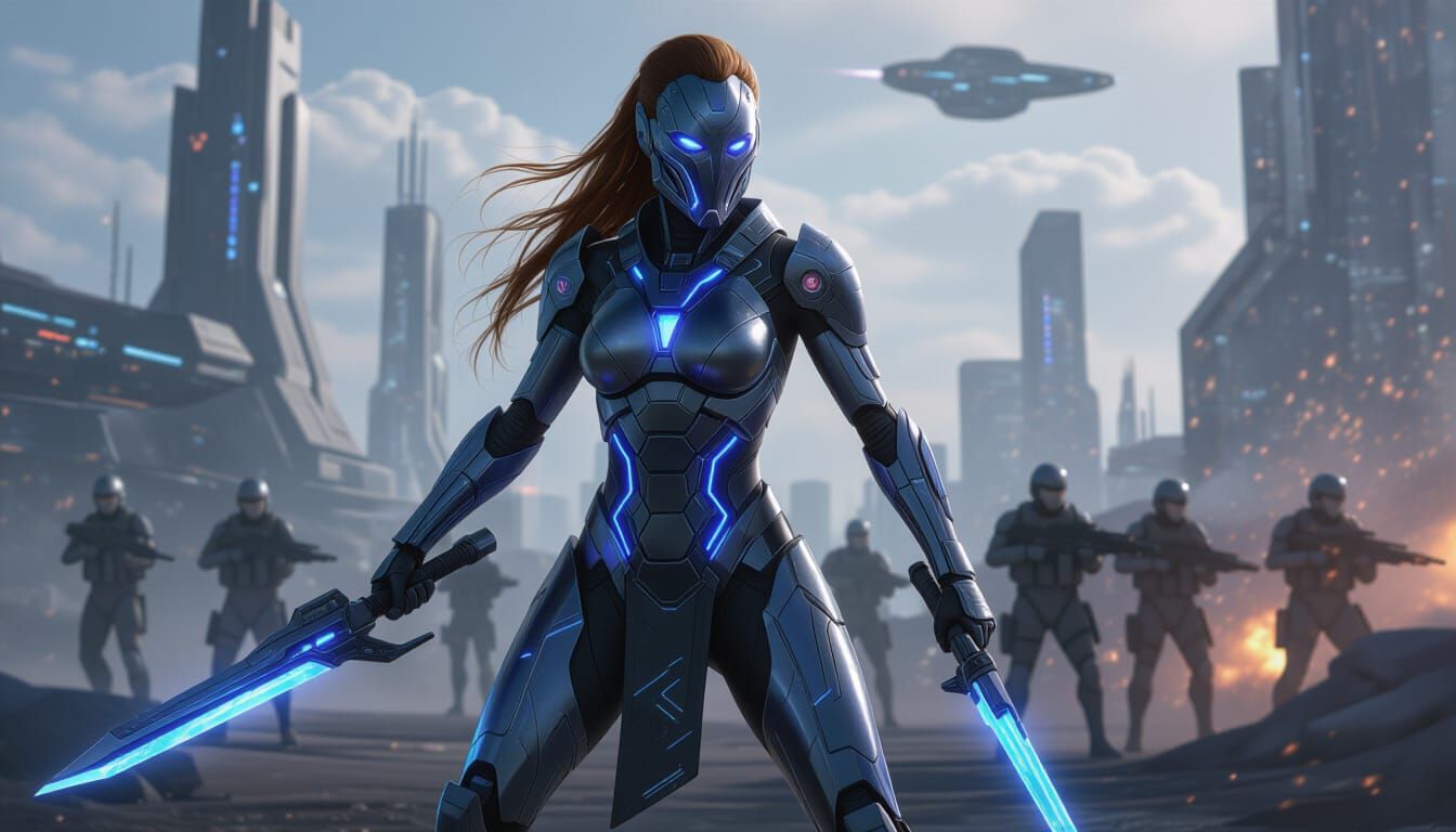 Biomechanical Warrior Woman on Alien Battlefield