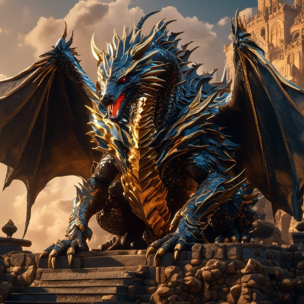 Golden Dragon Over Medieval Village, Dark Fantasy Art