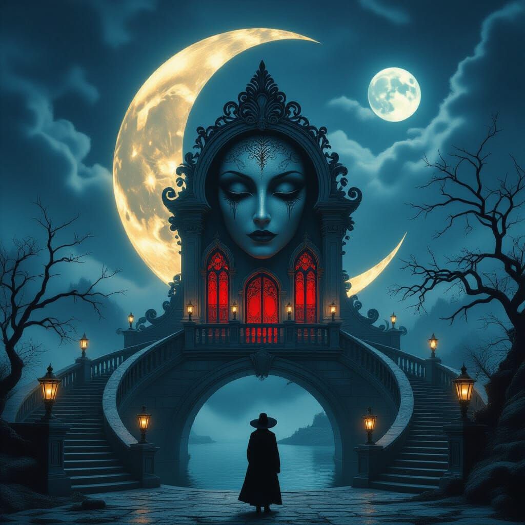Surreal Moon Face Nightscape with Gothic Bridge