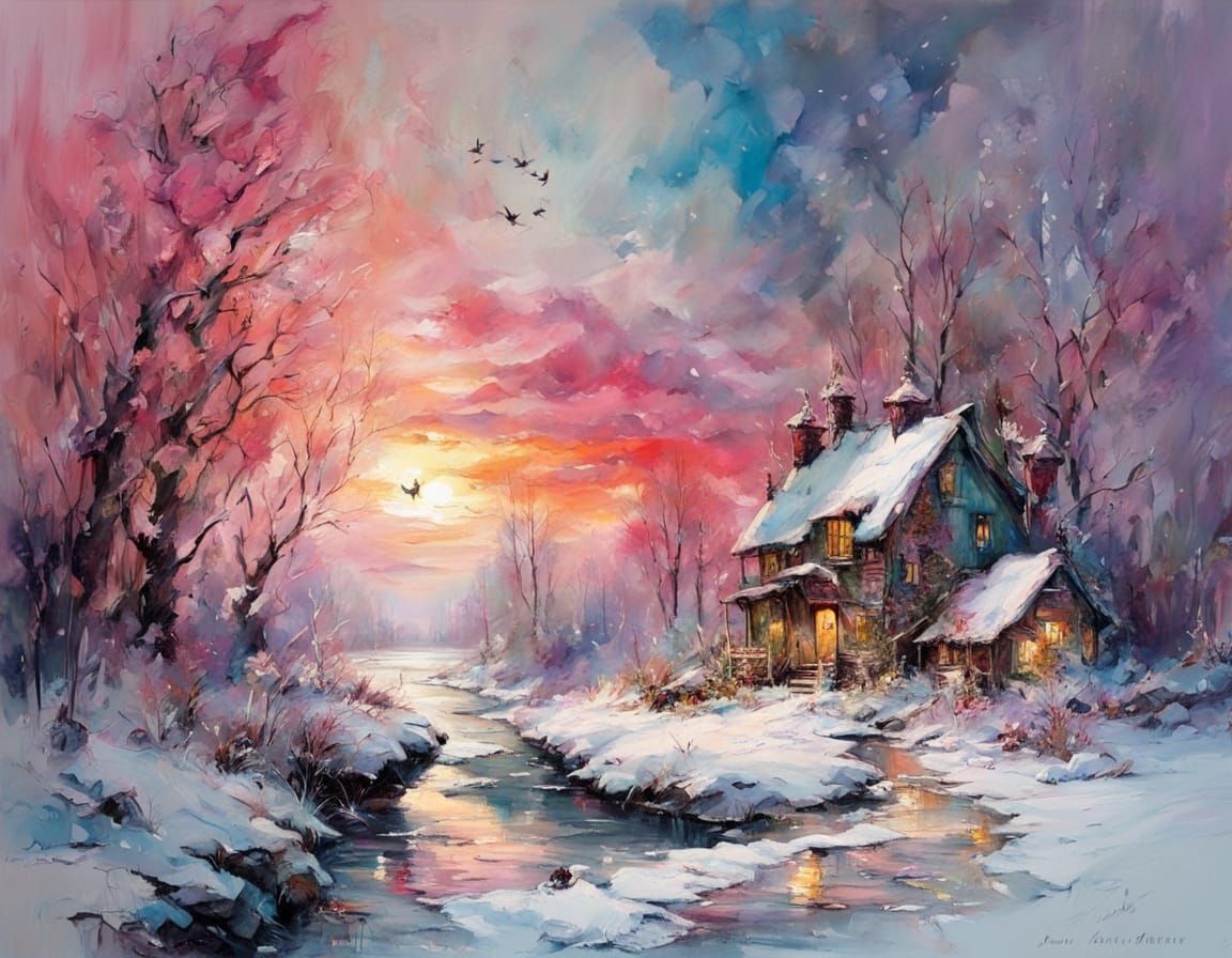 Vivid Winter Landscape at Pink Sunset with Impasto Style