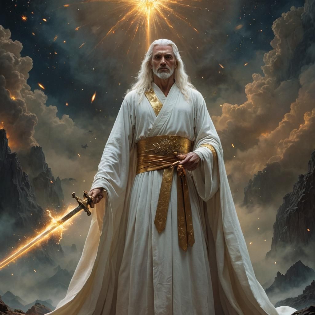 Majestic Man with Stars and Sword in Radiant Aura