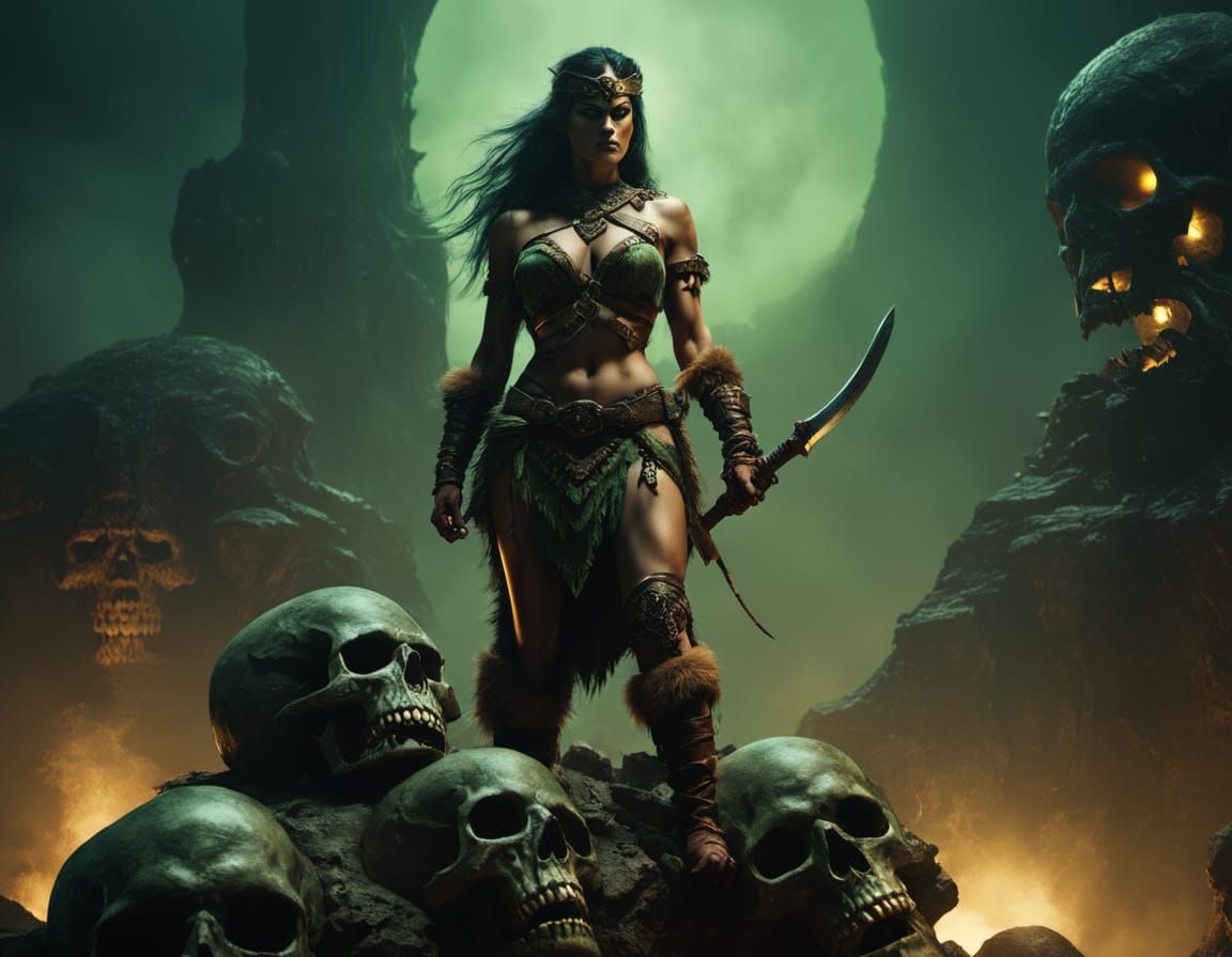 Barbarian Huntress on Skull in Frazetta Style