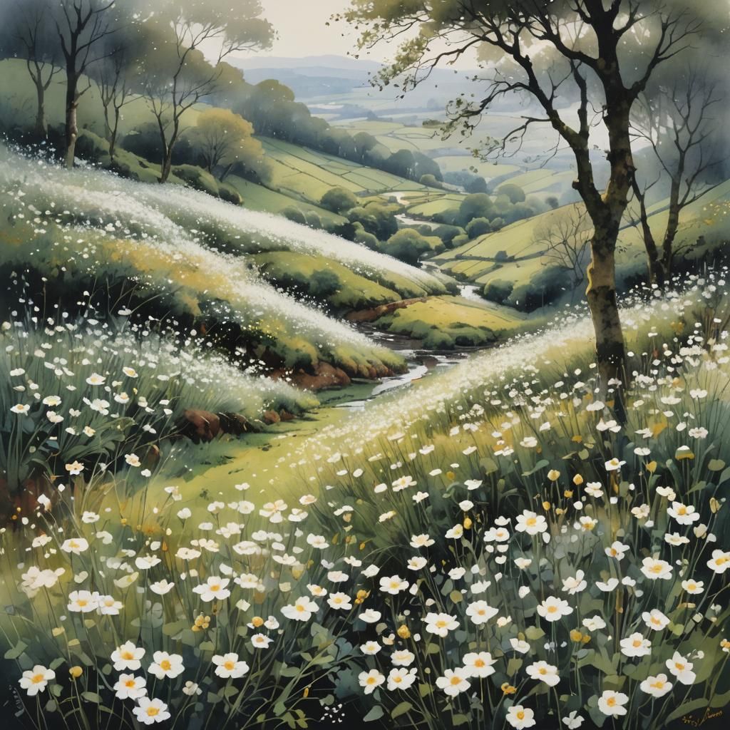Intricate Landscape with White Flowers in Watercolor Style